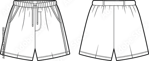 Kids elastic waist knit shorts front and back technical flat with drawstring pockets clean apparel outline for tech pack upload, cad drawing flat vector illustration