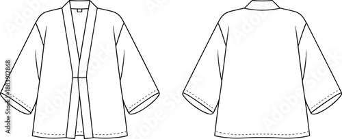 Kimono sleeve cardigan technical fashion flat sketch, unisex outerwear clothing vector template, detailed CAD drawing for modern apparel design flat vector illustration