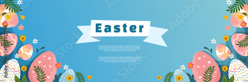 happy easter banner with colorful painted eggs and white ribbon on blue
