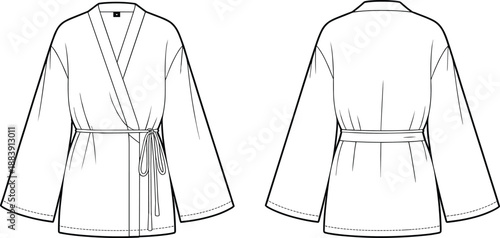 Kimono wrap top front and back view, long sleeve women fashion design, belt tied robe shirt CAD template, flat vector garment illustration