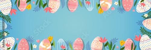 colorful easter eggs frame with green leaves and flowers on blue background