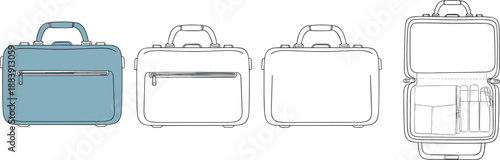 Laptop work bag front back side open technical template travel briefcase organizer pocket mockup fashion accessory outline cad drawing flat vector illustration