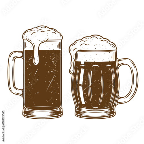Drawing Vintage grunge  texture Two brown beer mugs with foamy tops on white background  beer glasses with handles and frothy beer
