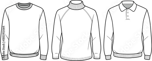 Knitwear Tops Technical Vector Sketch Set, Crewneck, Turtleneck, and Polo Sweater Flats, Apparel CAD Template for Fashion Design and Production Specifications.