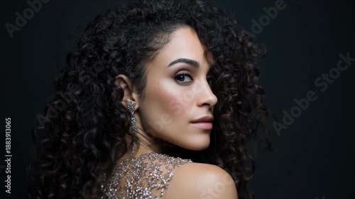 Wallpaper Mural Elegant studio portrait of a beautiful woman with curly hair looking over her shoulder. Torontodigital.ca