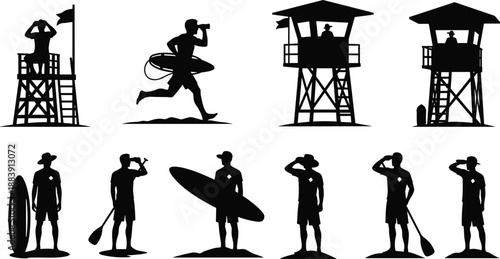 Lifeguards and Beach Guards Silhouettes Set, Tower, Surfboard, Ocean Rescue, Water Safety Vector Graphic Illustration