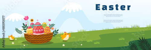 easter day banner with basket of eggs and chicks on green field