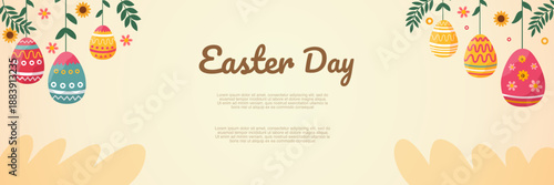 easter day banner with hanging decorated eggs and spring floral elements background