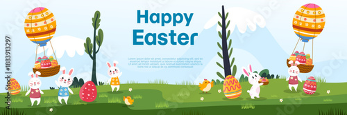 happy easter banner with hot air balloons and bunnies in green field