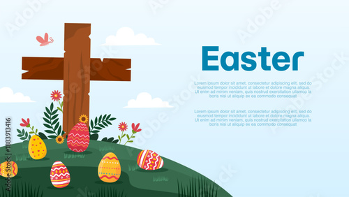 religious wooden cross on green hill with colorful easter eggs landscape banner