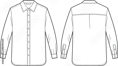 Long sleeve formal button up shirt front and back view flat sketch with collar and cuff details, apparel design technical drawing template, cad drawing flat vector illustration