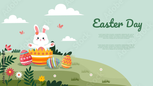 cute bunny inside egg on green field for happy easter day banner