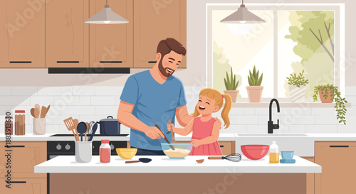 Father and daughter cooking together in modern kitchen with natural light from the window