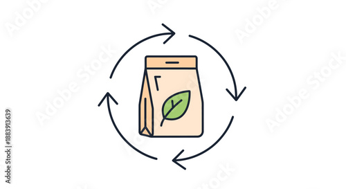 Eco-friendly packaging illustration showing a recyclable bag with a green leaf surrounded by circular arrows indicating sustainability and reuse
