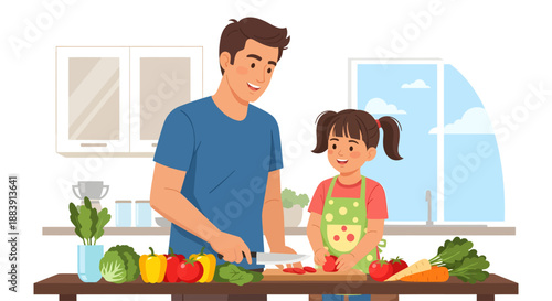 Father and daughter cooking together in a modern kitchen with fresh vegetables and fruits on the table