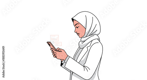 Young woman in hijab using smartphone in modern setting from side view