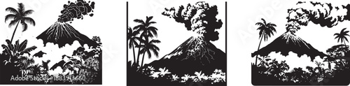 Volcanic Eruption Sequence: A monochrome illustration showcases the dynamic evolution of a volcanic eruption, depicting the power of nature through three sequential scenes.