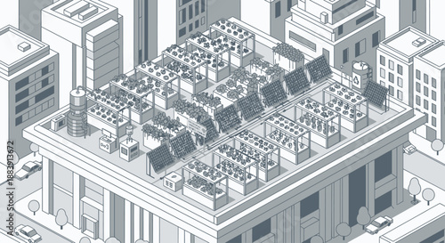 Isometric View of a Modern Cityscape with Solar Panels on Rooftops Surrounding a Historic Building