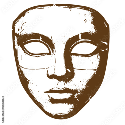 Drawing Vintage grunge  texture Brown and white illustration of a human face with closed eyes and a neutral expression on a white background