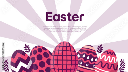 colorful patterned easter eggs on purple rays background for holiday celebration banner