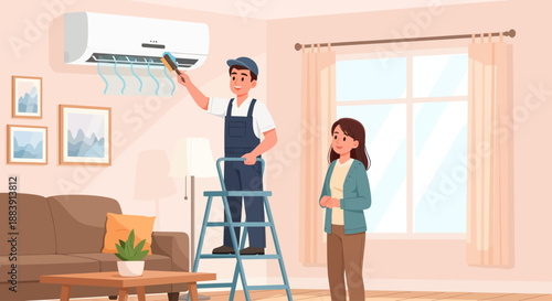 Technician installing air conditioning unit in a modern living room with a client observing the process