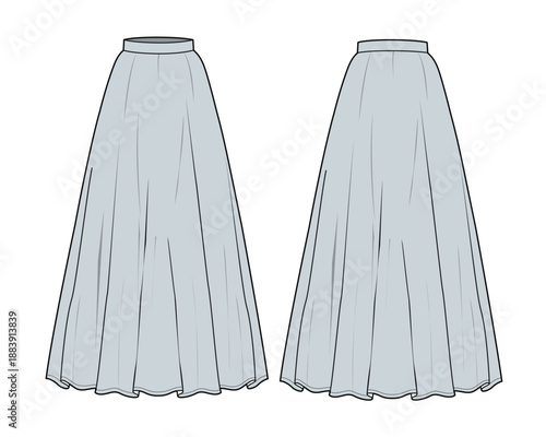 Maxi skirt mockup template vector design technical illustration.