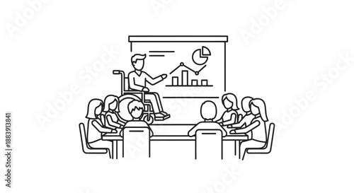 Business presentation with a speaker gesturing to a graph on a screen while seated colleagues take notes in a formal meeting room setting