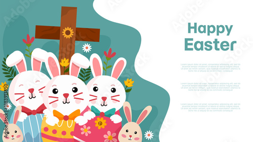 cute white bunny family standing near wooden cross for happy easter celebration