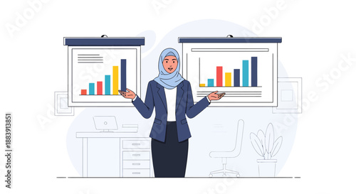 Woman in hijab presenting business data on screens in a modern office environment from a front viewpoint