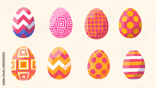 collection of eight different geometric easter eggs on light cream background set