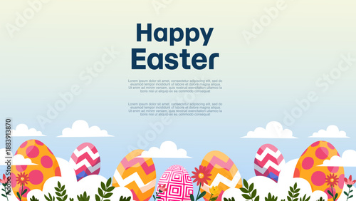 happy easter banner with eggs in grass and flowers under blue sky
