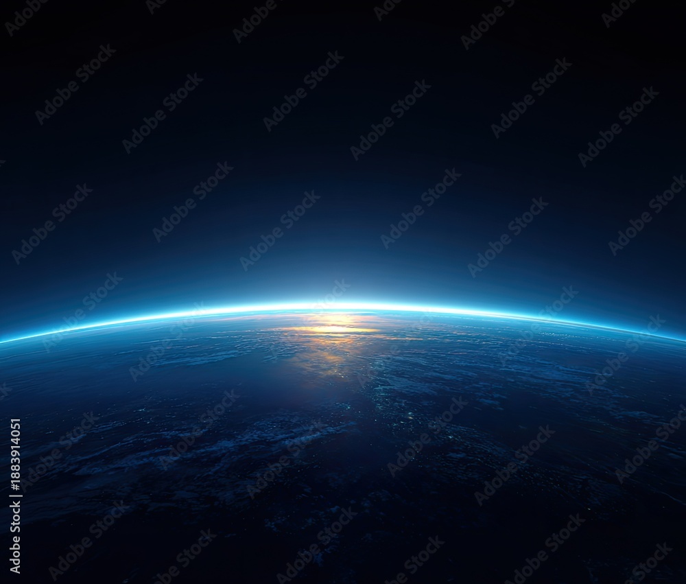 Fototapeta premium Orbital view showing blue planet curvature, atmospheric glow, and sunrise