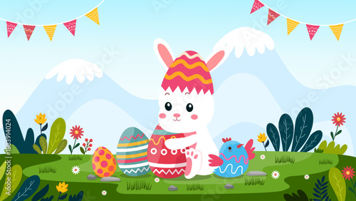 easter egg hunt poster with cute bunny and chick in the mountains