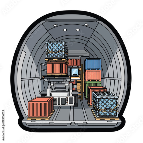 A cargo plane's interior with stacked crates and a forklift
