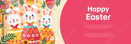 wide easter banner with three cute bunnies and eggs in the garden