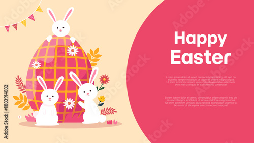 happy easter greeting with three bunnies and huge pink patterned egg background