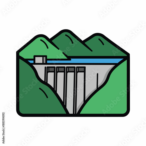 A cartoon dam in a mountainous landscape