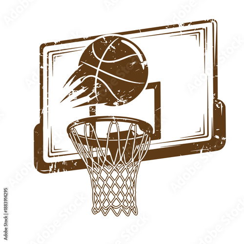 Drawing Vintage grunge  texture Brown basketball hoop with ball going through net on white background  sports equipment illustration