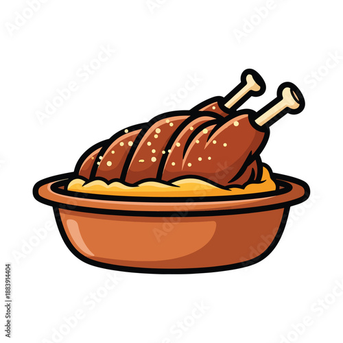 A cartoon-style roasted turkey leg in a bowl