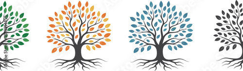 Tree logo set vector, colorful leaf icons with roots, nature ecology design, seasonal plant symbol collection illustration