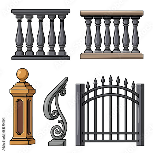 A collection of ornamental fence and railing components
