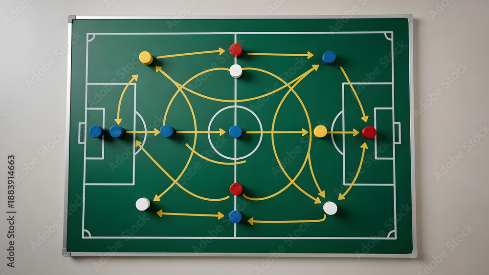 Obraz premium Soccer tactics board with magnets and strategy lines, copy space