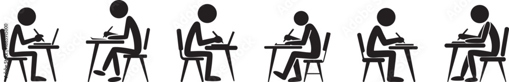 Obraz premium Student Studying at Desk Cartoon Silhouette Set – School Classroom Learning Concept
