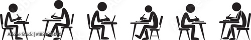 Student Studying at Desk Cartoon Silhouette Set – School Classroom Learning Concept