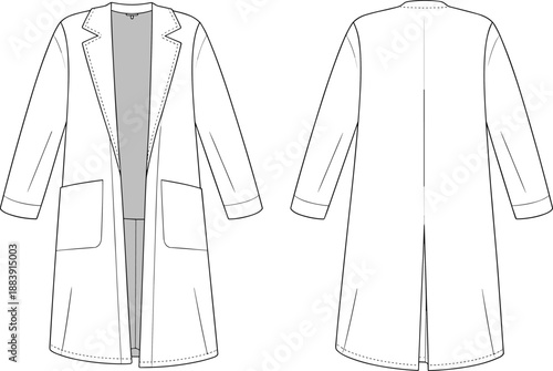 Long sleeve open front women coat technical fashion flat sketch, minimalist overcoat with pockets for clothing design presentation, editable apparel template, cad drawing flat vector illustration