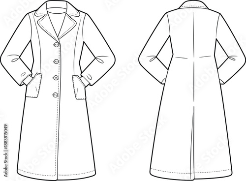 Long sleeve trench coat front and back technical fashion flat sketch with pocket details and buttons, winter outerwear apparel design, cad drawing flat vector illustration