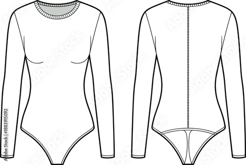 Long sleeve women bodysuit fashion technical flat, front and back view with clean stitch detail, round neck fitted one-piece cad drawing flat vector illustration
