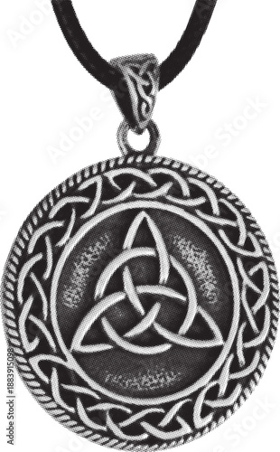 Ornate circular pendant featuring intricate triquetra knotwork on black cord