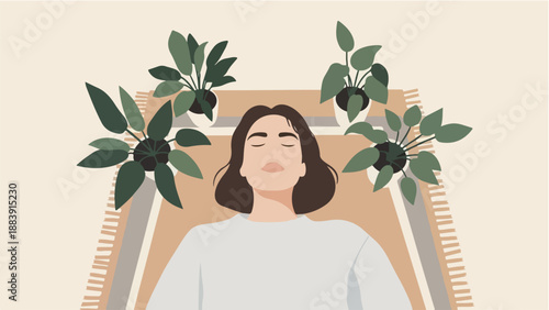 Person Resting Comfortably on a Mat with Plants