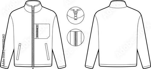 Men zipper jacket front and back flat fashion technical sketch with stand collar, zip pockets, detailed zipper view, casual outerwear clothing template, cad drawing flat vector illustration